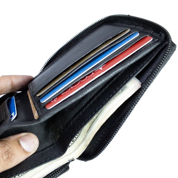 Men Wallet Leather ID Money Organizer Zipper Closure Black Bifold Wallet - Picture 5 of 14